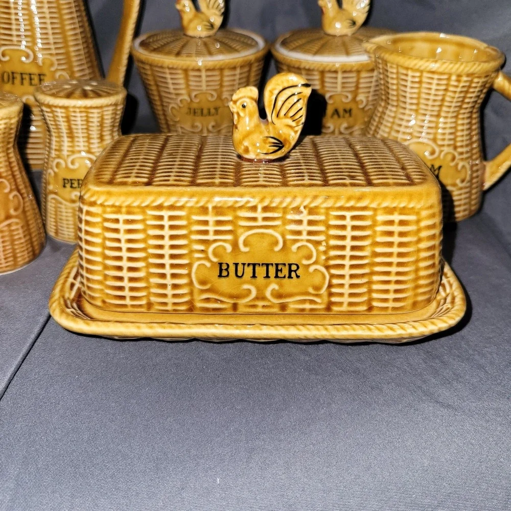 13-Piece Vintage Basketweave Rooster Breakfast Set Japan MCM Ceramic